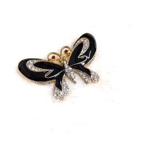 Vintage 1980's Black Enamel & Rhinestone Butterfly Brooche